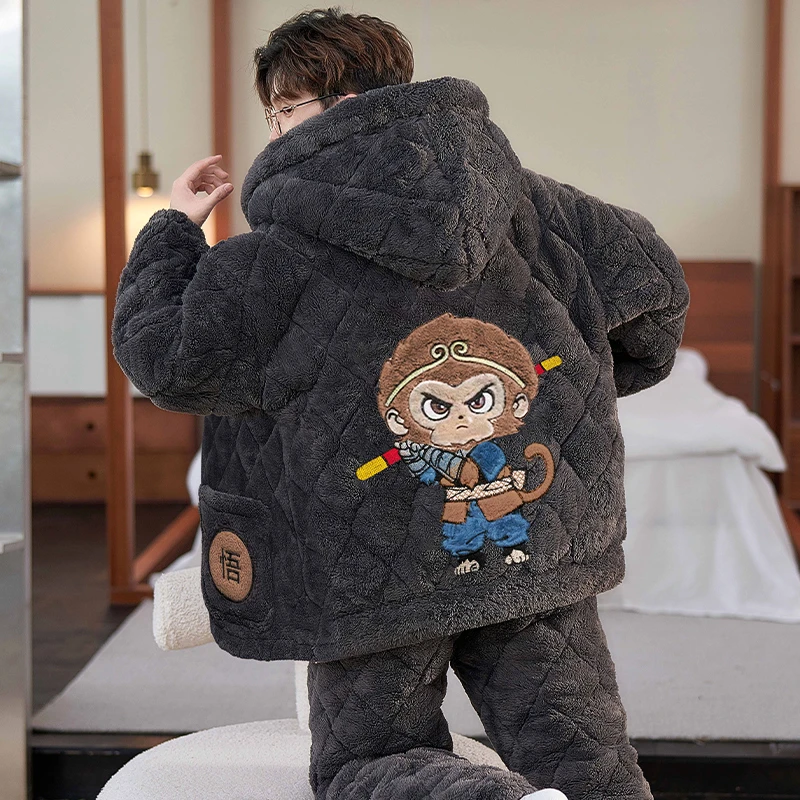 男士睡衣冬季加绒加厚珊瑚绒三层夹棉中大童青少年悟空家居服套装