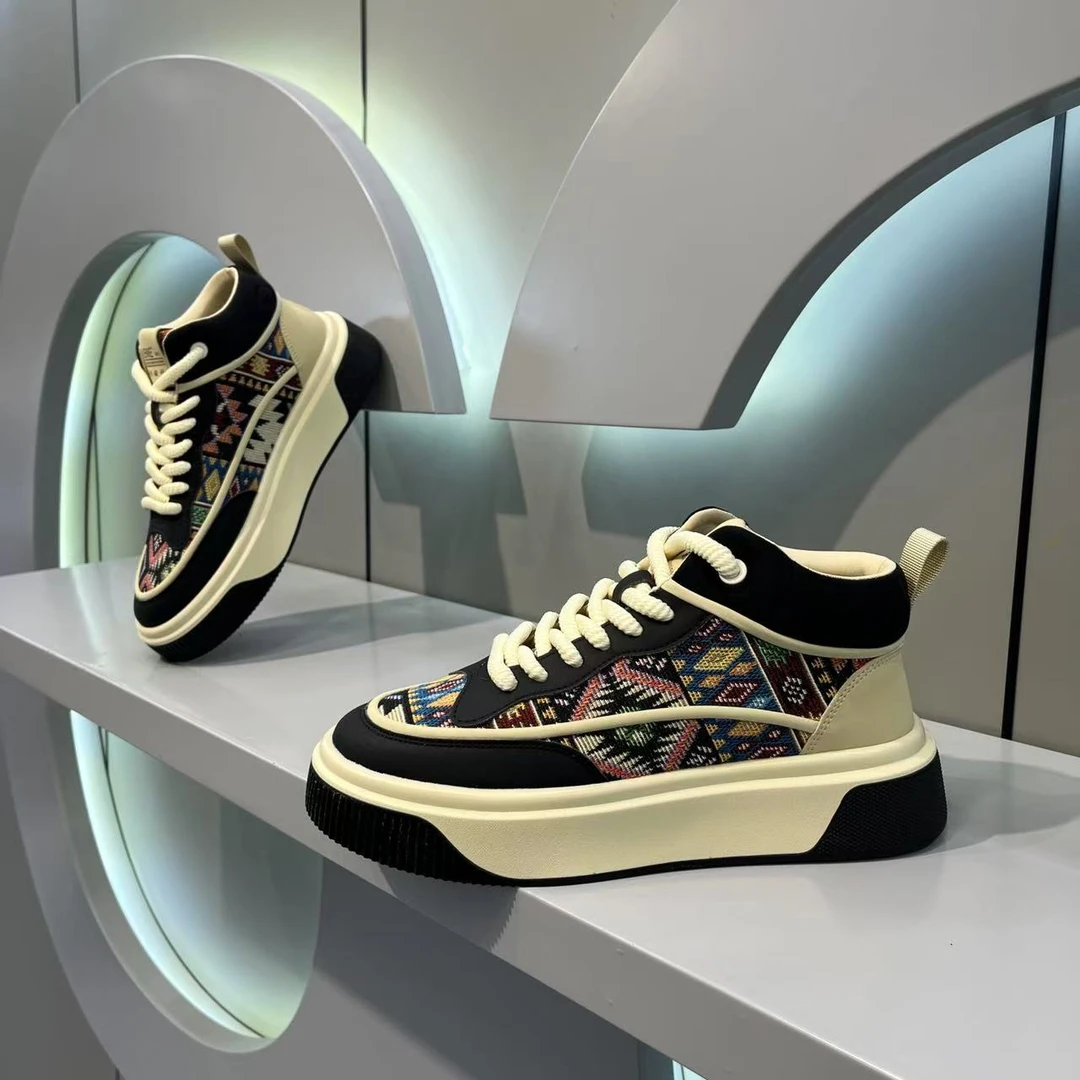 男鞋2025春季新款潮流个性花布拼色中帮休闲板鞋时尚百搭休闲潮鞋