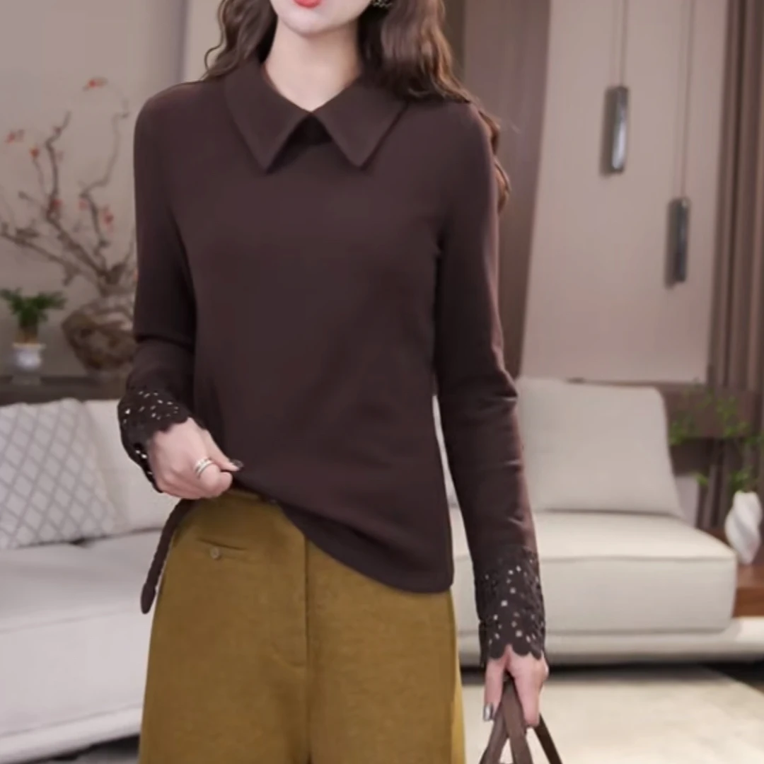 设计感翻领双面绒蕾丝长袖T恤冬季2025新款百搭简约显瘦纯色上衣