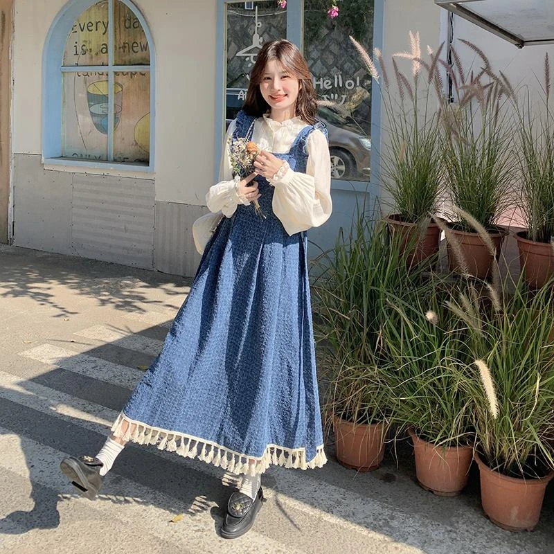 温柔显瘦气质打底衫甜美流苏背心a字长裙两件套牛仔连衣裙女春新