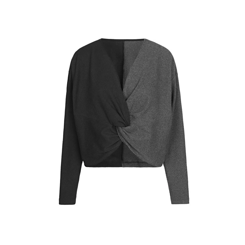 sdeer圣迪奥女装时尚气质休闲V领堆叠交叉撞色长袖T恤S221Z0215