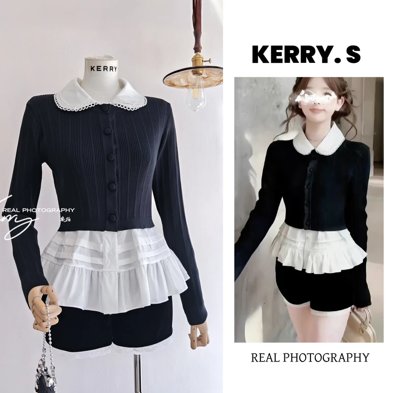 绢羽笔尖 2025气质开衫花边拼纱下摆刺绣领白衬衫显瘦短裤三件套