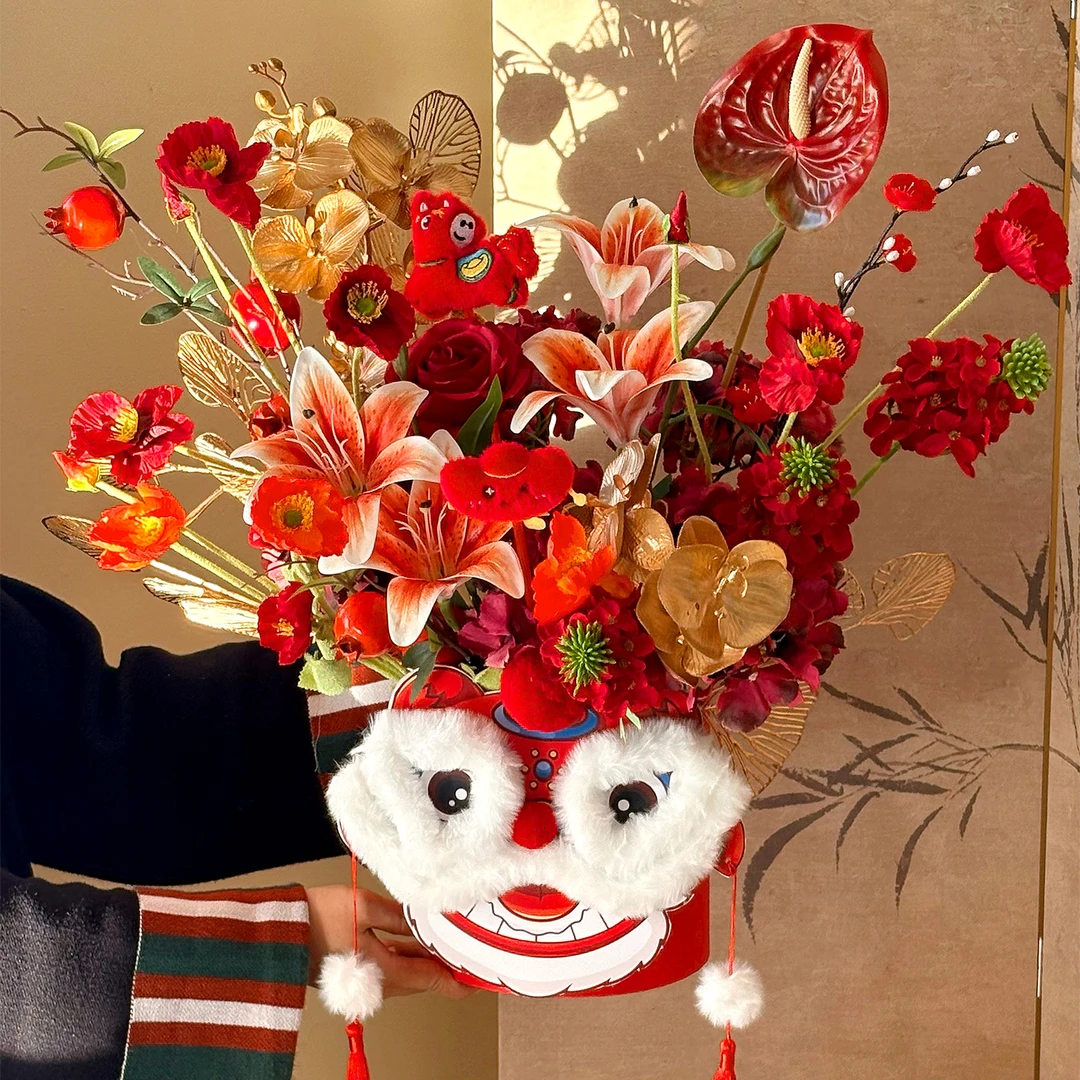 马年新款好狮发生抱抱桶醒狮插花福桶年宵节礼盒插花桶diy花盒