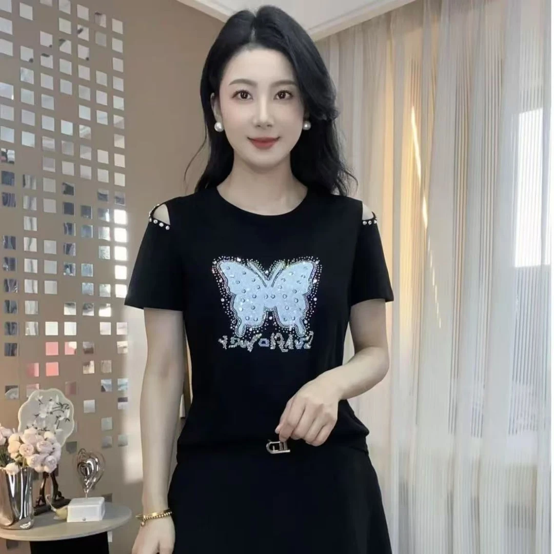2025夏季圆领镂空蝴蝶串珠气质精品洋气时尚百搭减龄显瘦T恤上衣