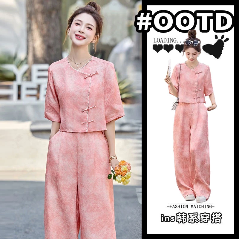 巨好看的年轻洋气套装女2025夏季新款民国风中式盘扣超火两件套裤