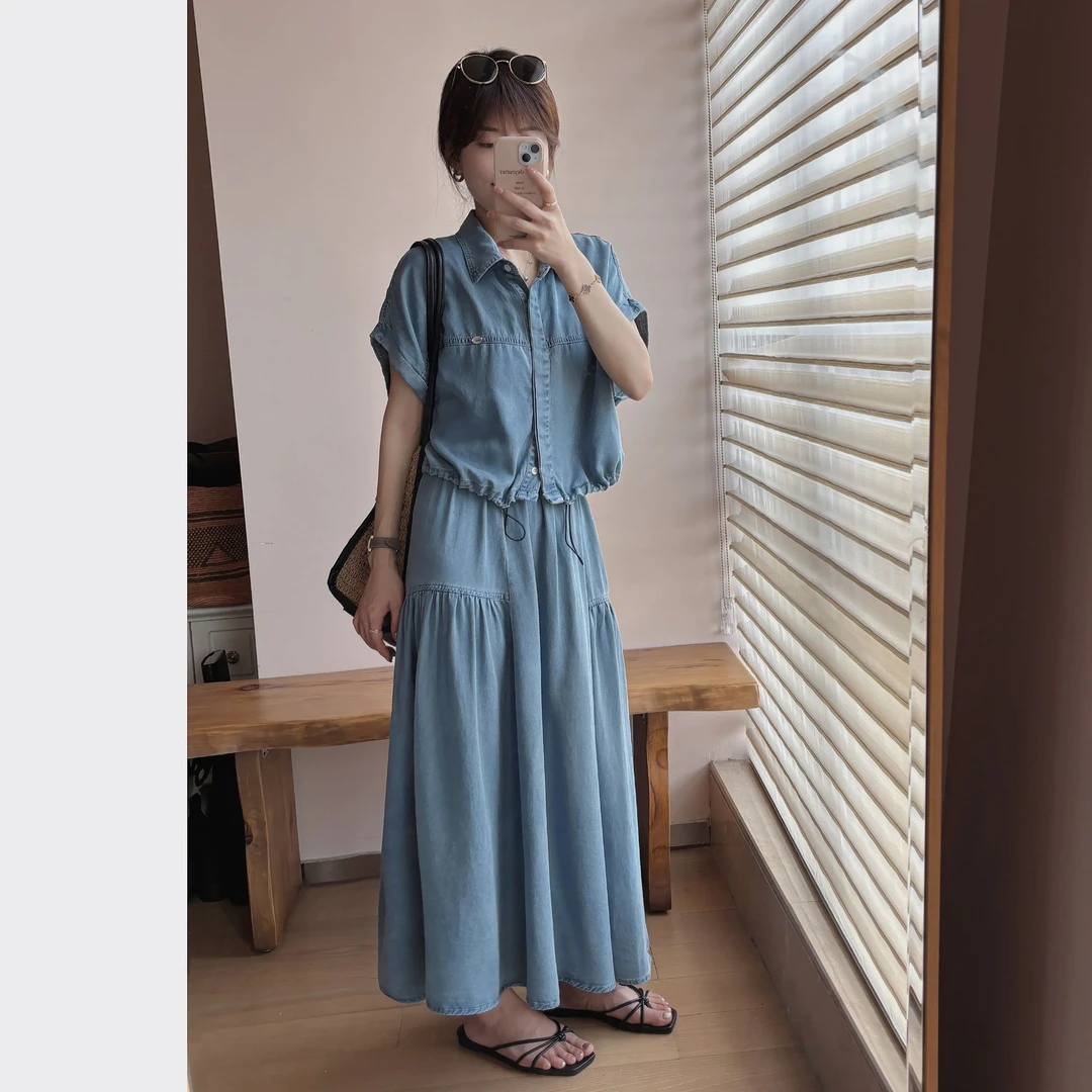 小个子春夏新款休闲衬衫上衣+垂感半身裙套装牛仔时尚两件套