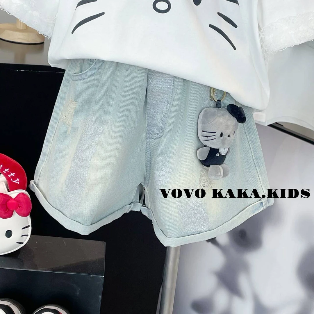 【VOVO品牌店】2025夏季新品女童韩版重工kt猫牛仔短裤 V52040405