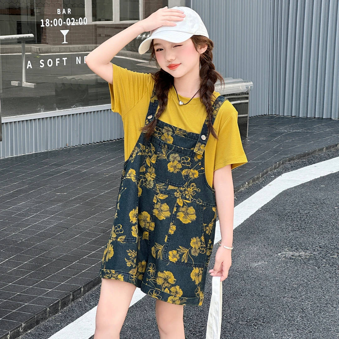 女童牛仔背带裤夏装2025新款儿童夏季薄款裤子中大童休闲短裤套装