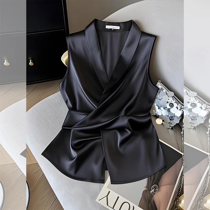 黑色缎面坎肩背心女夏季新款设计感收腰衬衫今年流行洋气减龄上衣