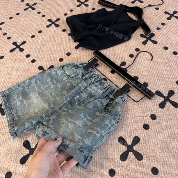 现货MZ.儿童夏季新款提花休闲软糯定制款复古牛仔短裤1697