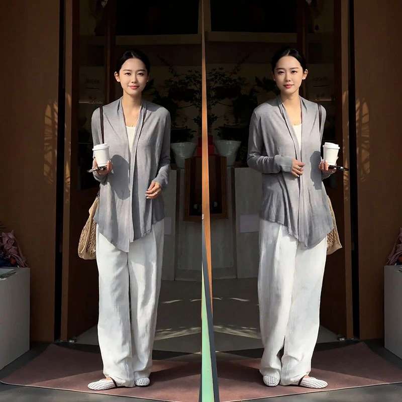 2025秋季新款设计感时尚百搭开衫女内搭吊带背心休闲阔腿裤三件套