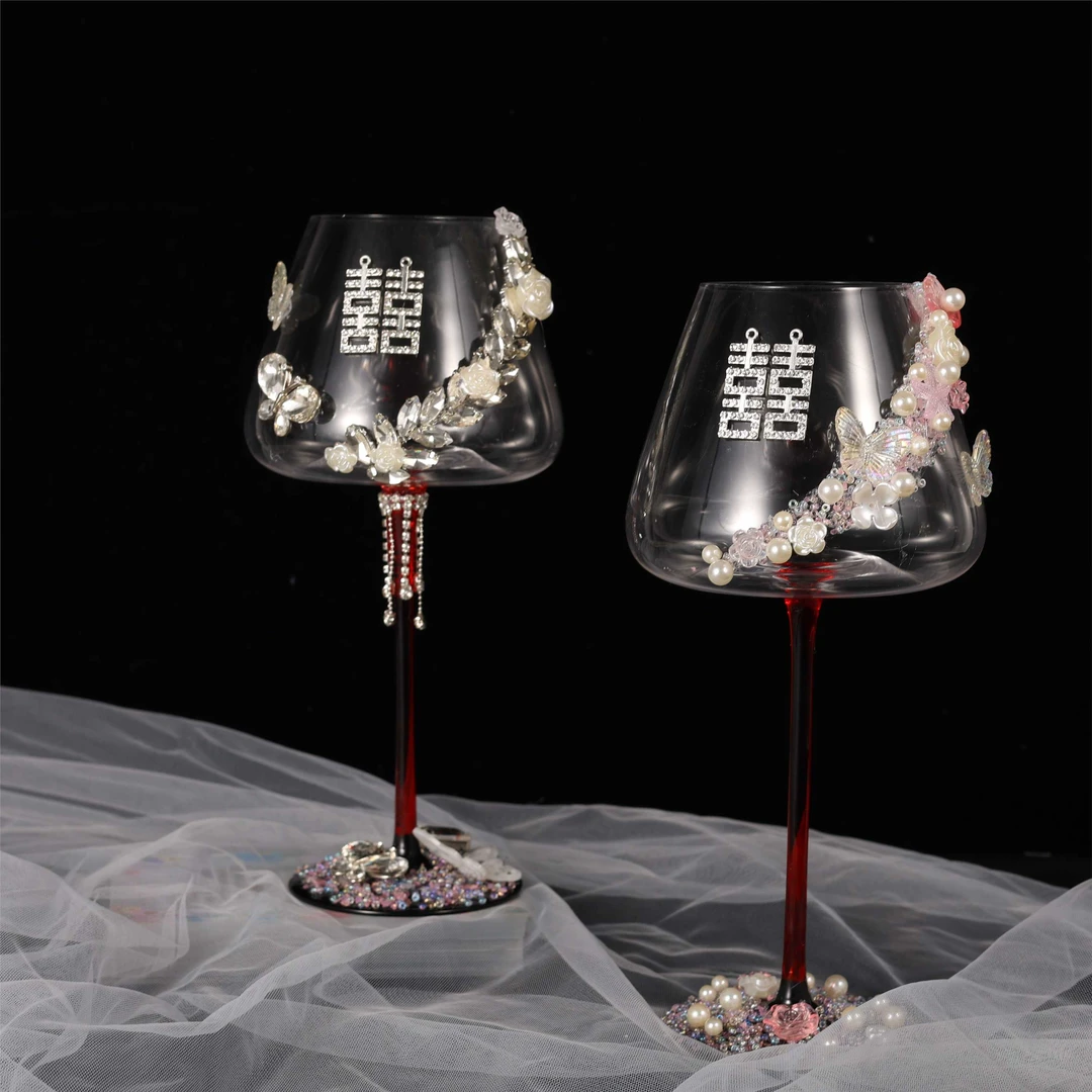 新人结婚一对高脚杯敬酒杯香槟杯手工自制碎钻diy材料包手工礼物