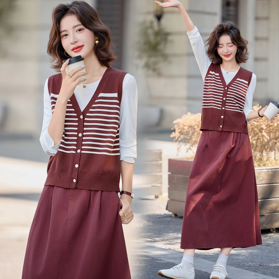 休闲时尚条纹针织马甲套装裙女2025春秋新款洋气减龄半身裙三件套