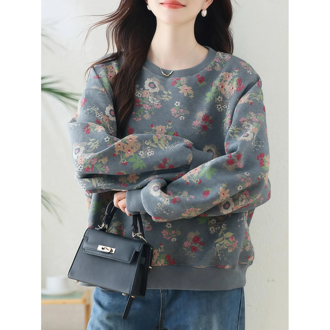 2025年春秋季新款法式圆领大尺寸碎花宽松运动衫女装减龄显瘦上衣