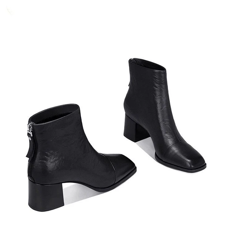 法式方头粗跟短靴女2025新款秋冬百搭短靴气质中跟女靴加绒马丁靴