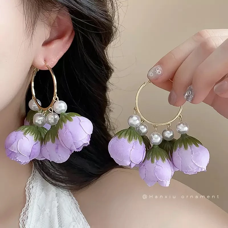 合金耳饰 超仙花朵花瓣海边度假风耳环时尚夸张清新长款耳饰女