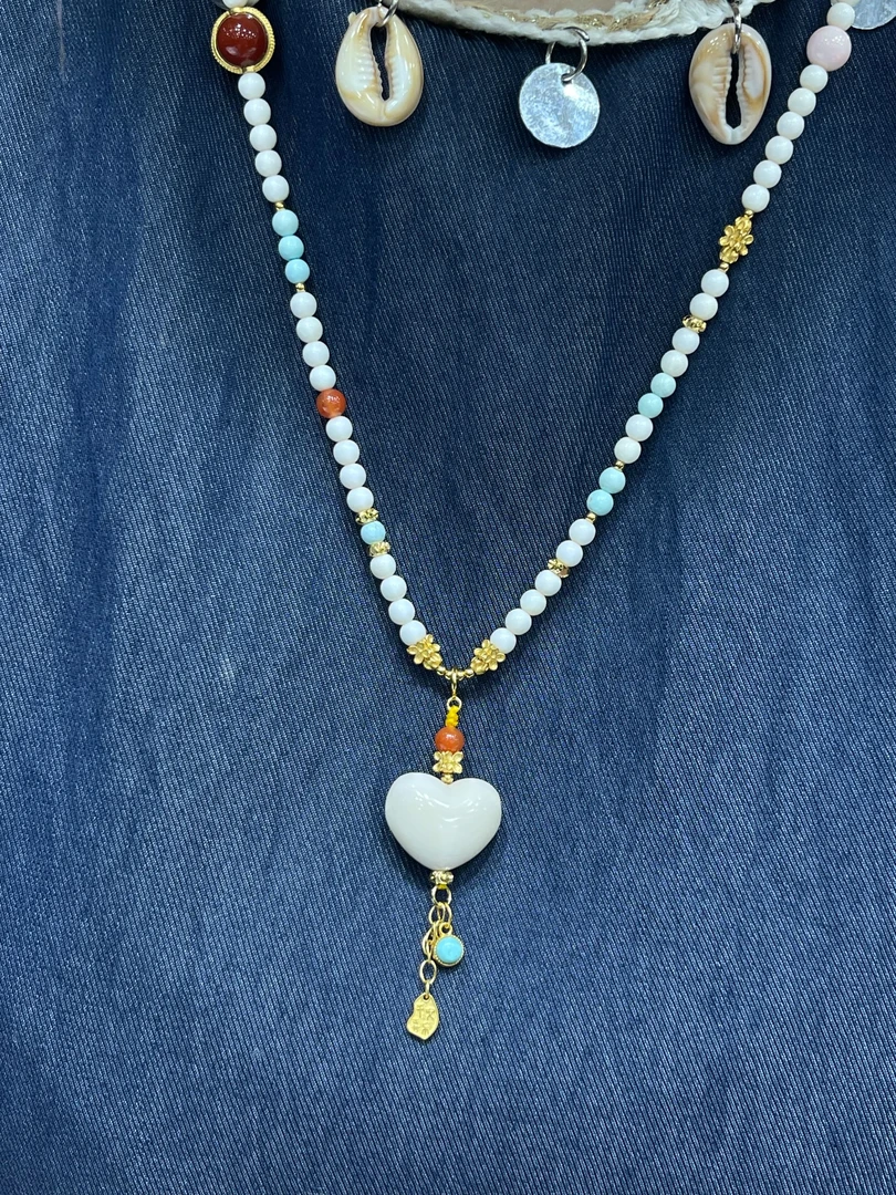 非金属棉绳项链 心形猛犸牙项链耳环戒指套源头工厂冰料白色坠链