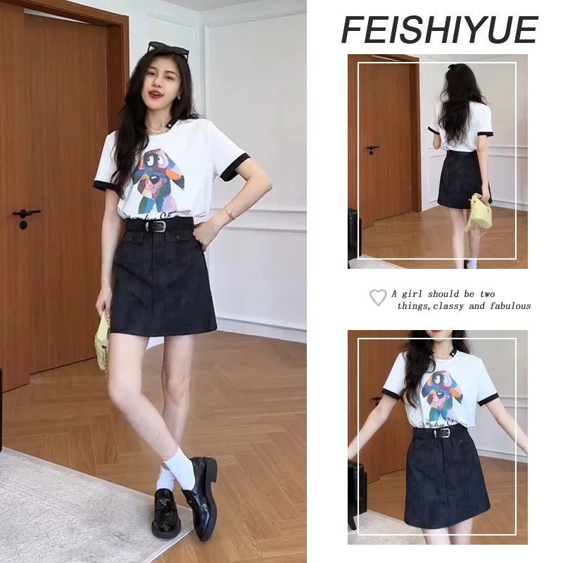 夏季温柔系穿搭女2025新款韩版宽松短袖上衣百搭休闲短裙两件套