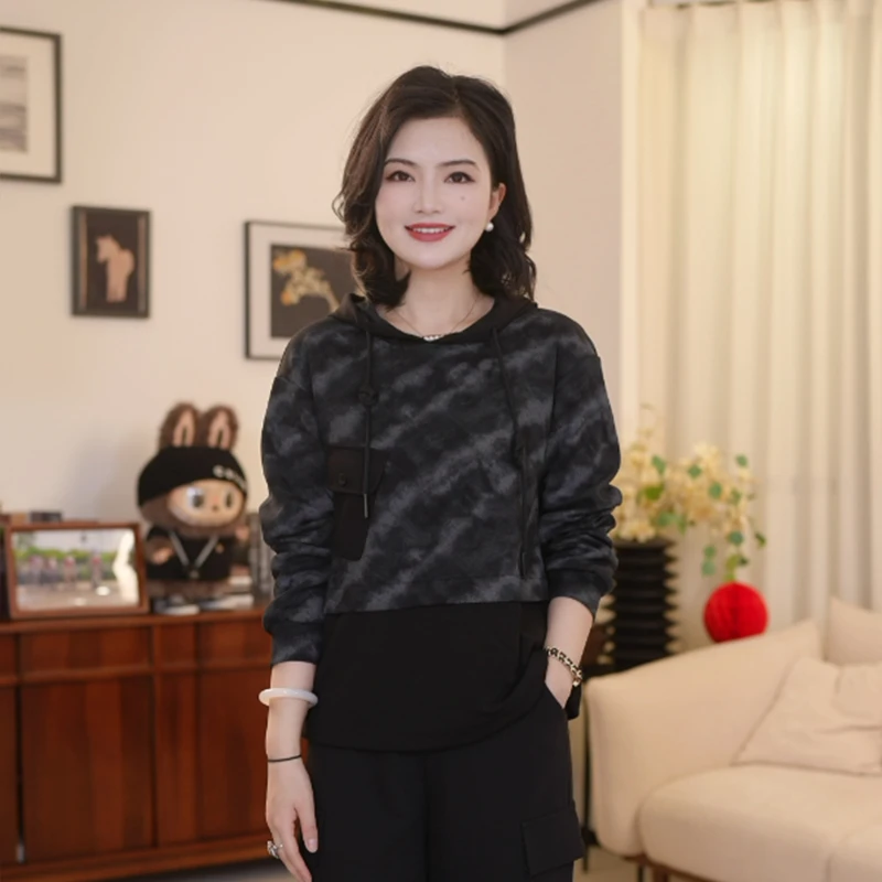 枫竺阿楠anan 墨染之境 抽绳连帽时髦百搭拼接扎染卫衣女春季新款