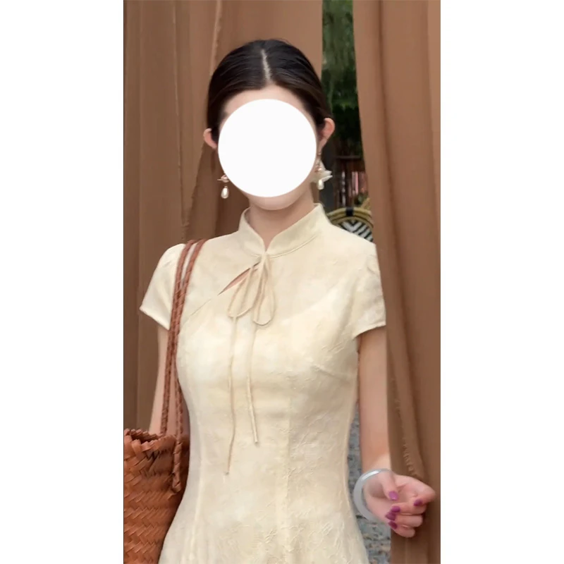 新中式国风旗袍连衣裙女2025夏季新款气质名媛收腰显瘦短袖长裙子