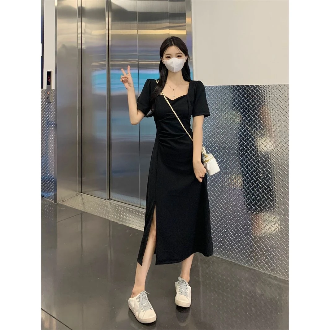 【现货】法式复古V领下摆开叉气质连衣裙女装夏季胖mm收腰显瘦裙子