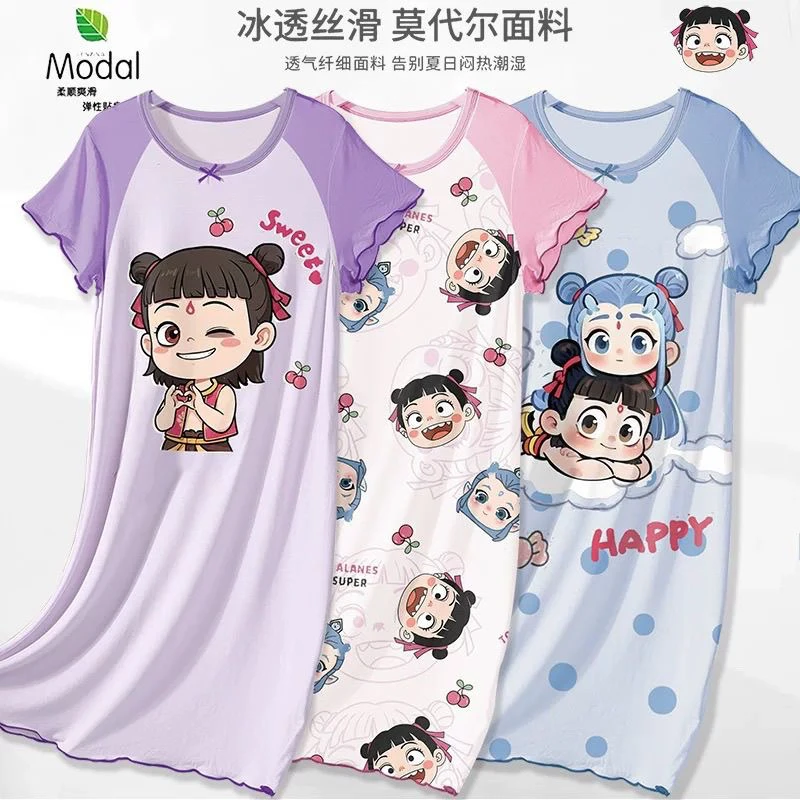 儿童睡衣薄款夏季莫代尔大童女童睡裙亲子家居服哪吒2025新款女孩