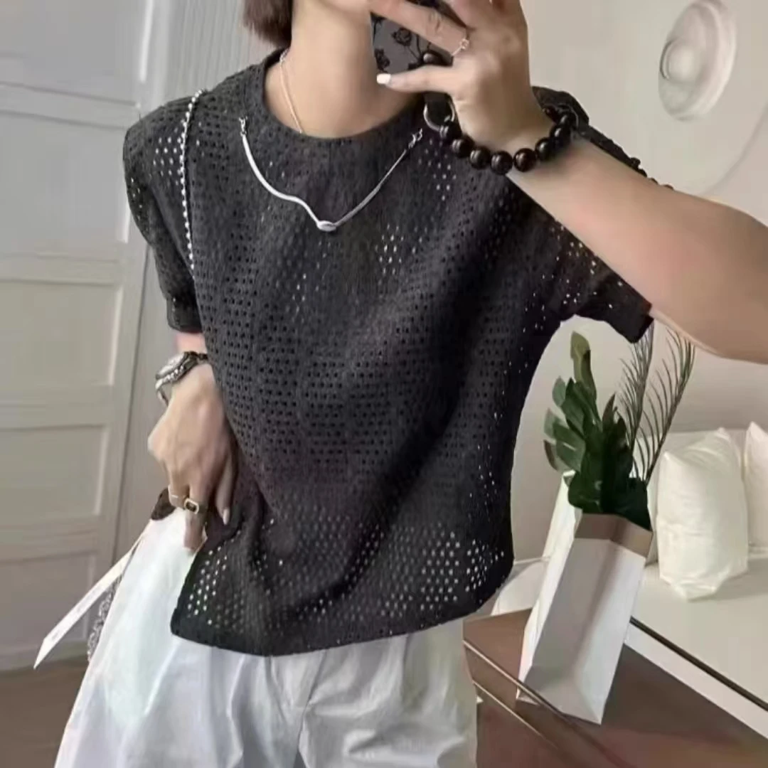 522/2571/119-9 法式圆领镂空清凉短袖T恤宽松垫肩设计感