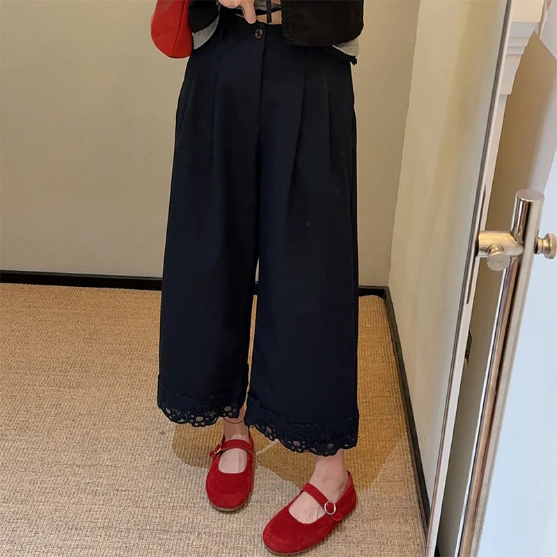 韩系小众花边直筒裤阔腿裤女2025夏季新款宽松显瘦百搭休闲九分裤