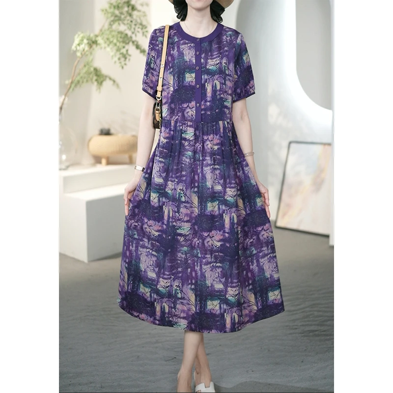 法式紫色宽松大码连衣裙女夏季高贵优雅显瘦气质减龄长裙子A21850