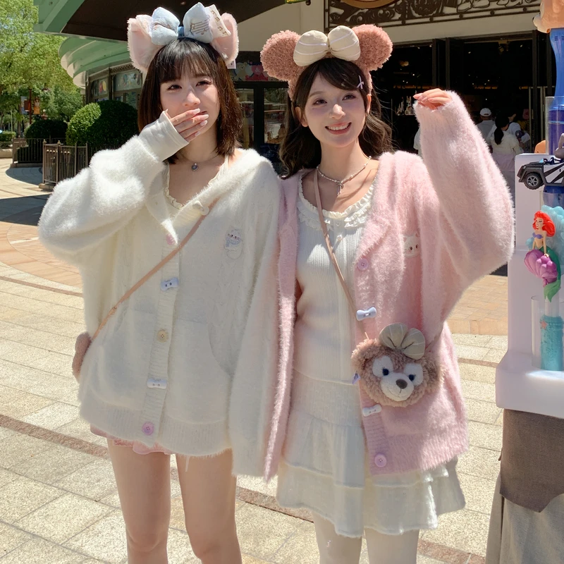 森女部落慵懒可爱猫咪刺绣连帽针织衫女2025新款秋季宽松百搭开衫