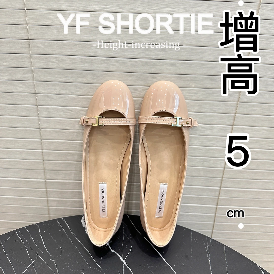 增高5cm金属一字扣带法式玛丽珍鞋女通勤软漆皮圆头平底浅口单鞋
