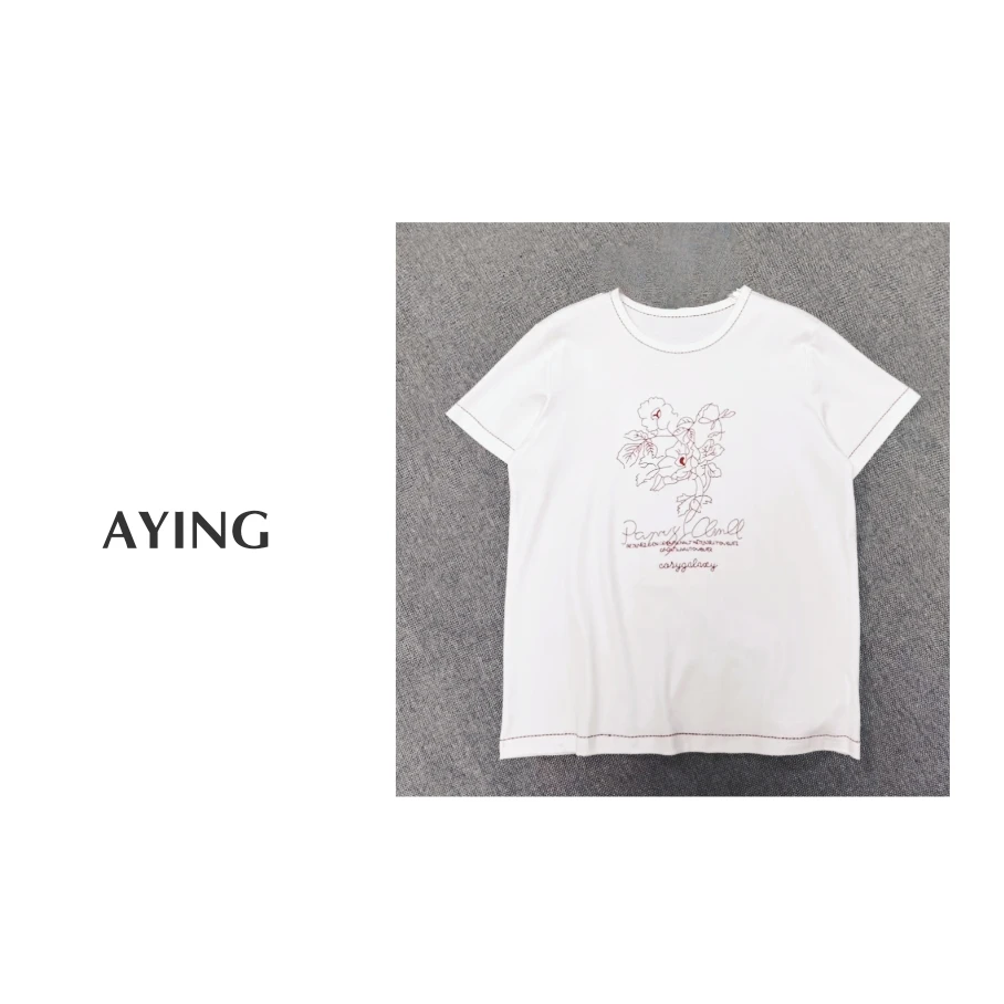 AYING  女士夏季  手绘设计感立体绣花正肩短袖
