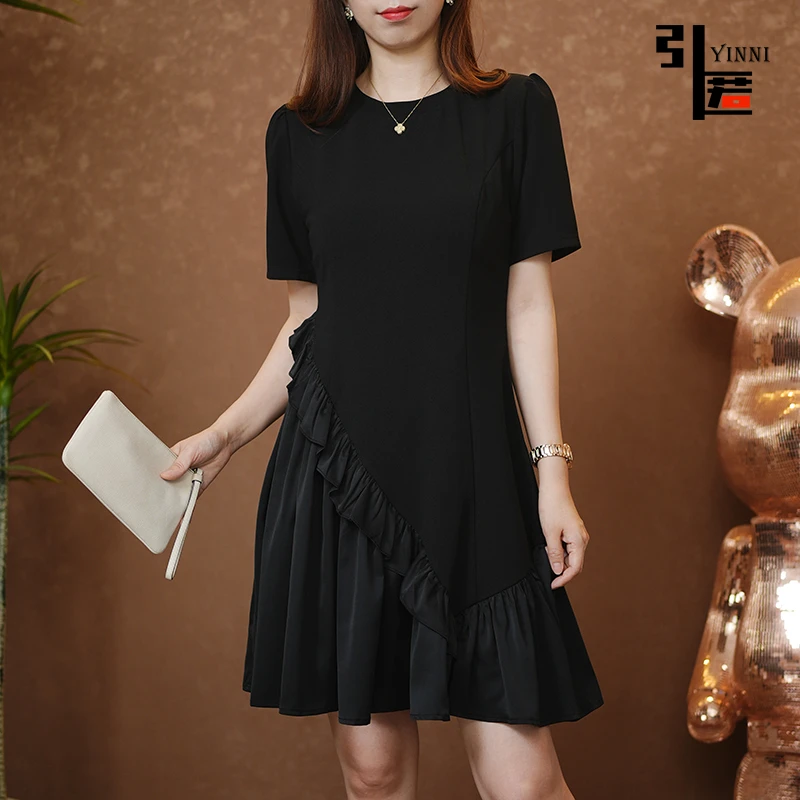 引匿(现货)A300星辰麻四面弹洋气收腰木耳边休闲连衣裙 2025夏