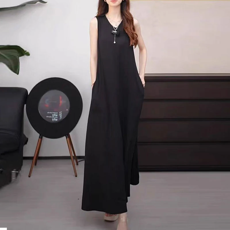 {专柜}正品商场同款2025夏季气质百搭V领无袖长款连衣裙女1500550
