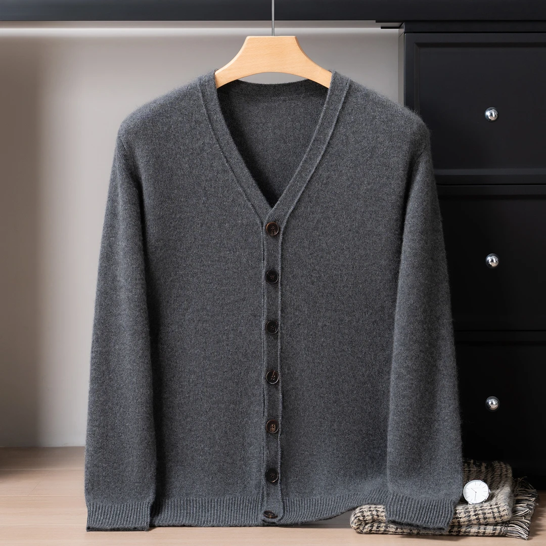 男士弹力山羊绒针织开衫长袖时尚商务风针织衫100%纯羊绒开衫外套