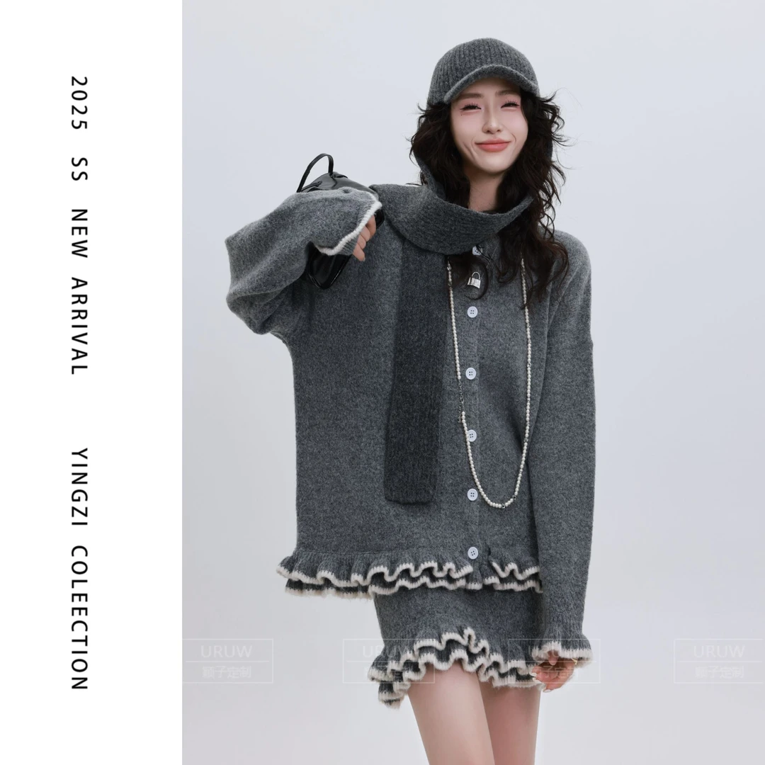 颖子定制【童话镇】休闲风木耳边撞色针织上衣简约百搭高腰短裙6707