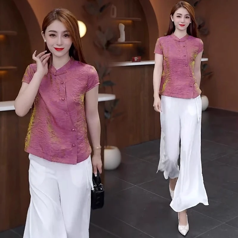 新中式国风套装女2025夏季新款洋气立领盘扣短袖衬衫阔腿裤两件套