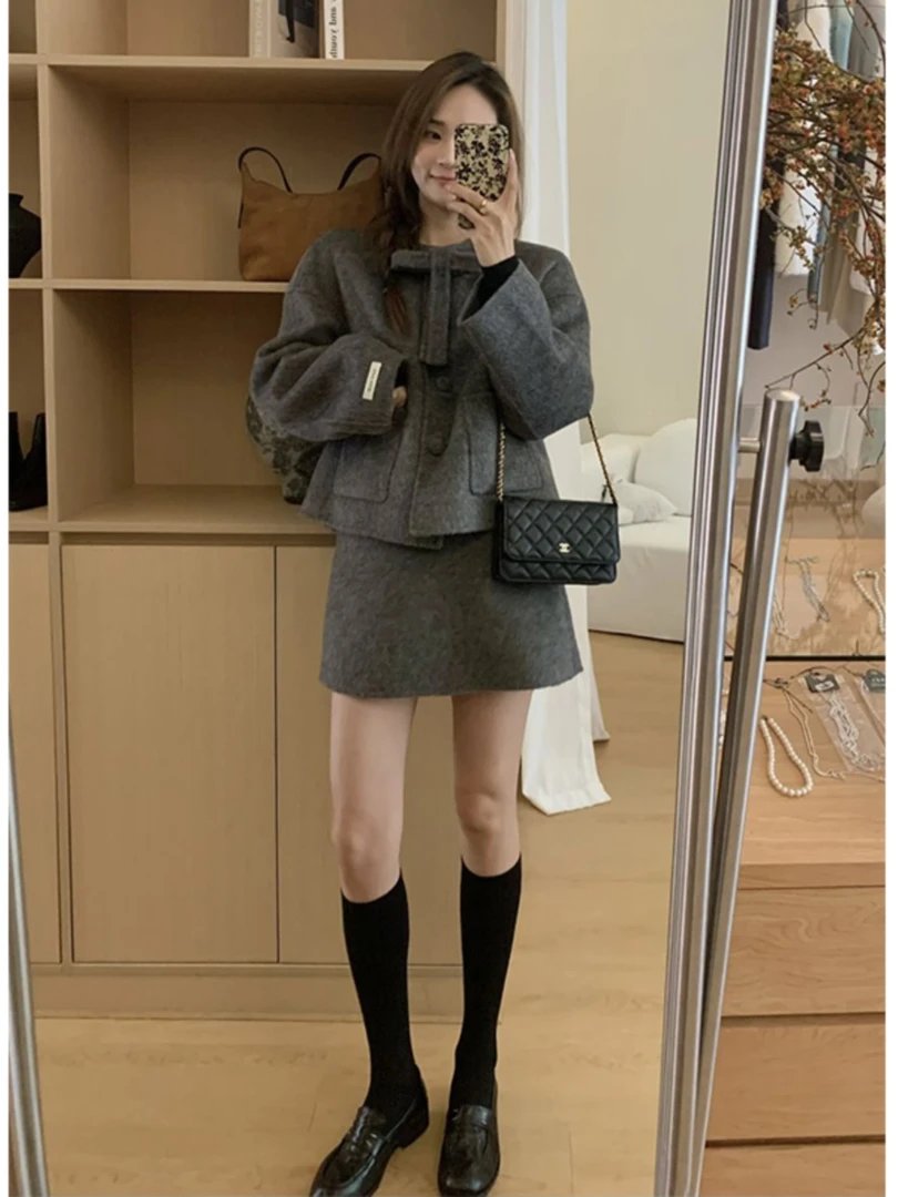 小香风毛呢套装女秋季温柔甜美气质显瘦蝴蝶结呢子外套短裙两件套