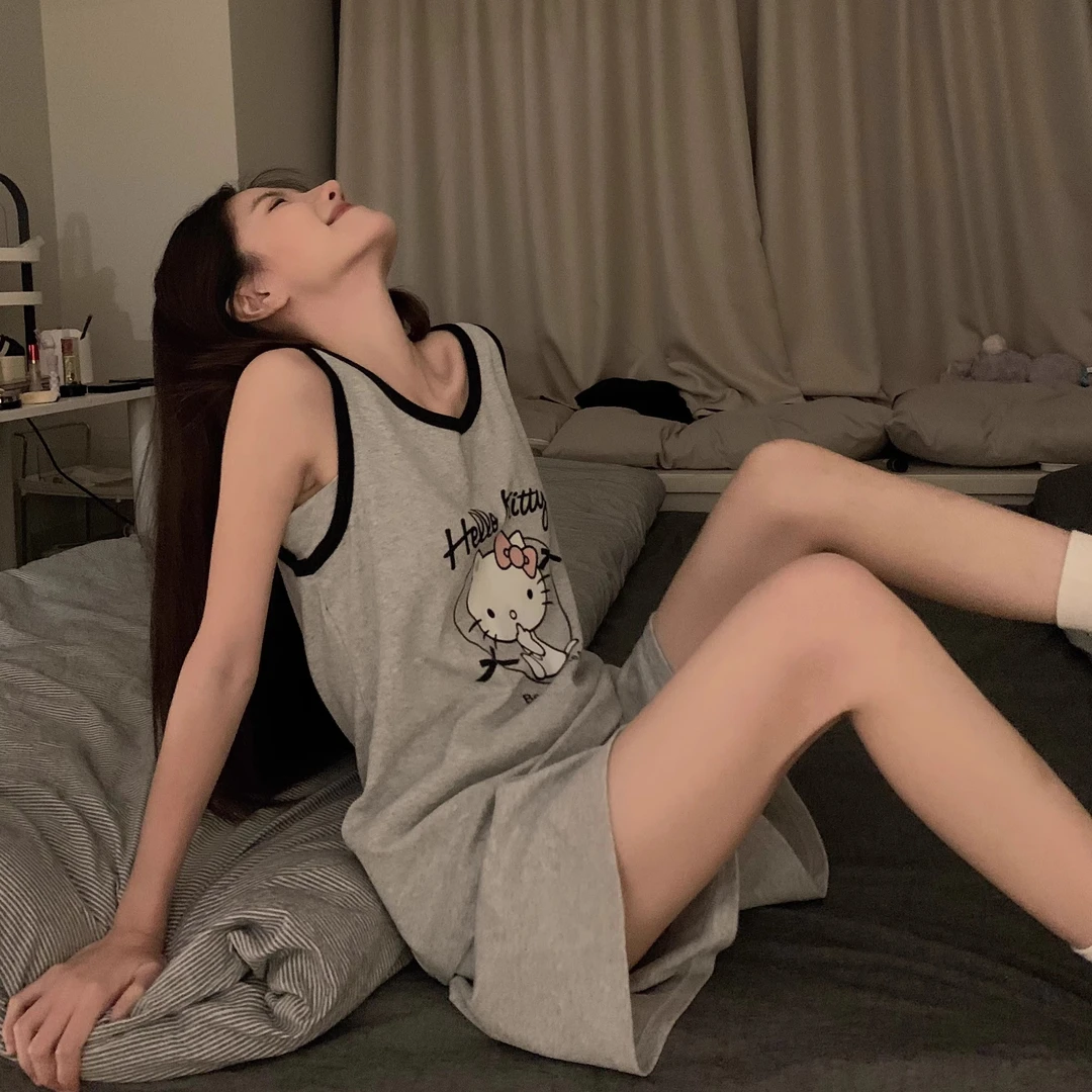 带胸垫睡衣女夏季2024新款hellokitty棉质磨毛无袖背心套装家居服