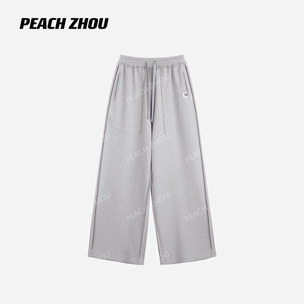 『PEACHZHOU』双面穿标签宽松经典灰色休闲裤松紧腰设计感阔腿卫裤