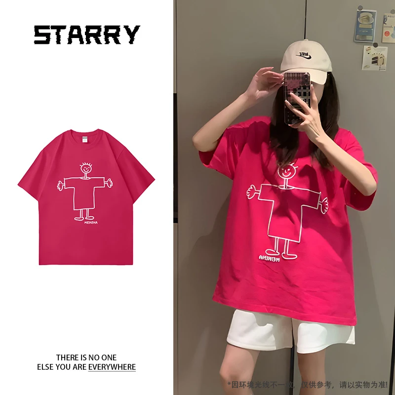 【240g 重磅纯棉】2025夏季港风大落肩T恤线条人印花男女同款