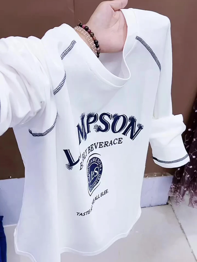 韩版休闲日常百搭字母设计感小众印花白色上衣女2025早秋长袖卫衣