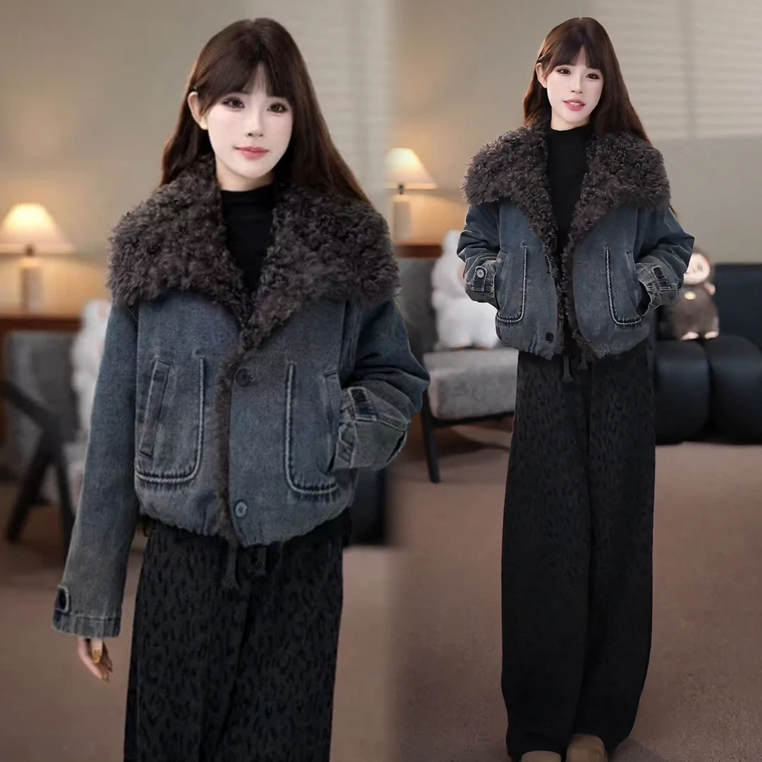 时尚复古牛仔棉衣外套女2025冬季新款加厚保暖翻毛领棉袄外套