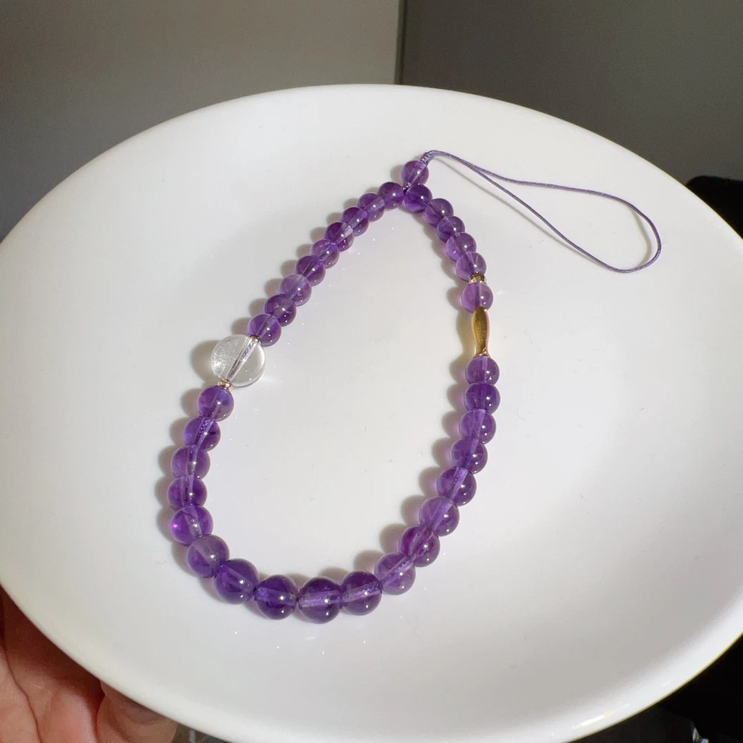 6.5mm+天然紫白水晶手机挂白水晶10mm