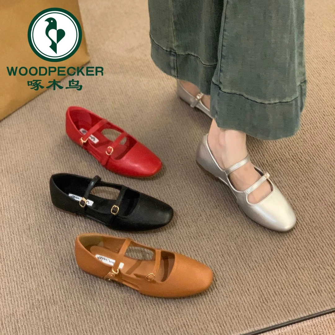 啄木鸟法式复古棕色玛丽珍鞋百搭小皮鞋女鞋春夏款小香风银色单鞋