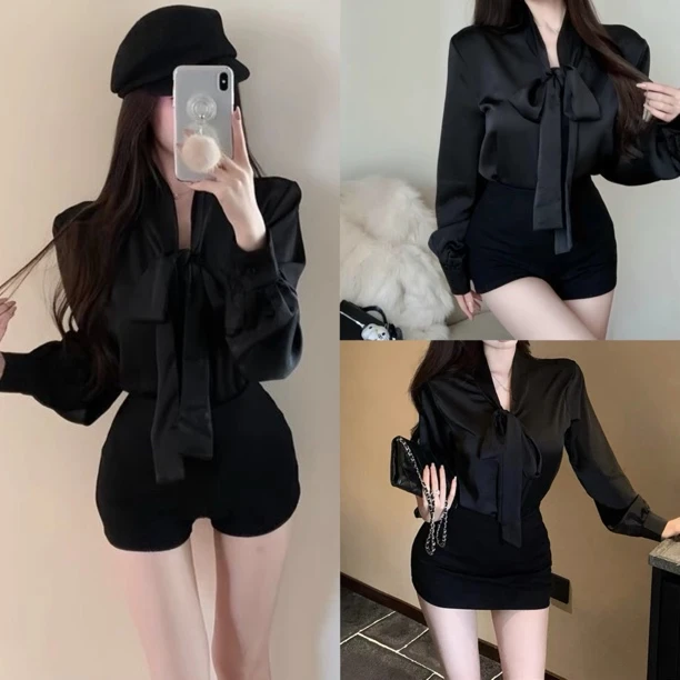 缎面长袖衬衫蝴蝶结上衣