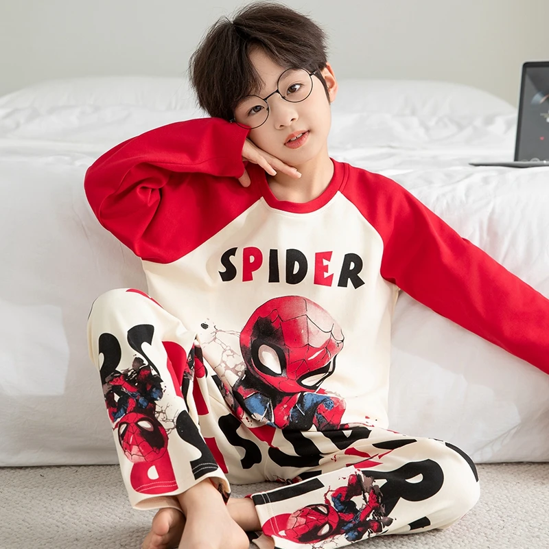 蜘蛛侠男童卡通长袖透气睡衣套装春秋季儿童纯棉薄款中大童家居服