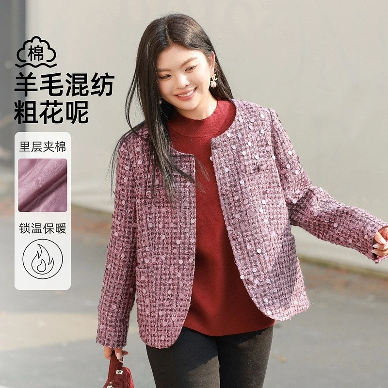 【新年战袍亮片粗花呢棉服】MsShe大码女装秋冬加厚外套S~C2410033