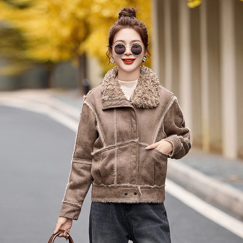 2025新款冬季加绒加厚休闲大气时尚感十足的皮毛一体毛领羊羔毛外