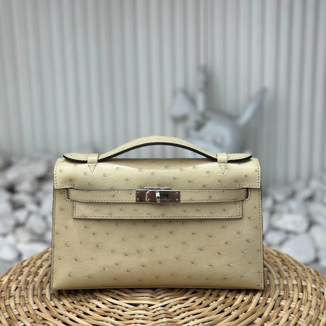 未使用 Hermes/爱马仕  minikelly 一代 风衣灰鸵鸟 银扣 U刻